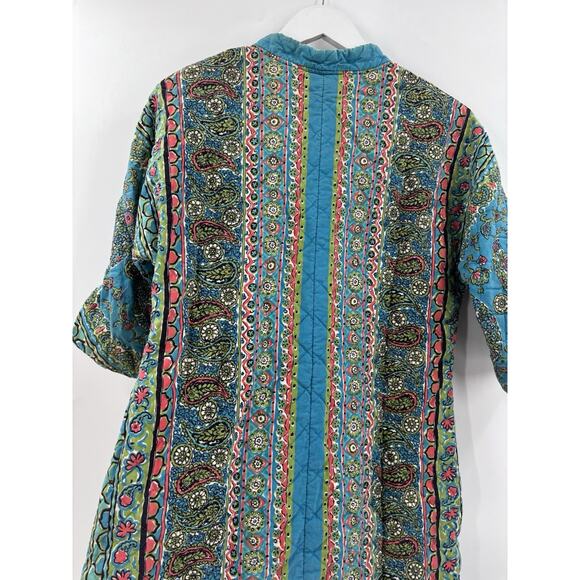 Vintage Loungees House Coat Womens Small Blue Floral Paisley Snap Button Quilted - Picture 12 of 15